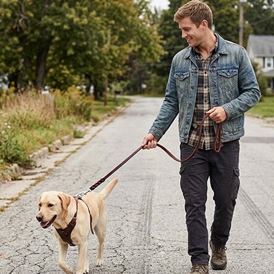 laisse chien marche sortie dans la rue avec homme
