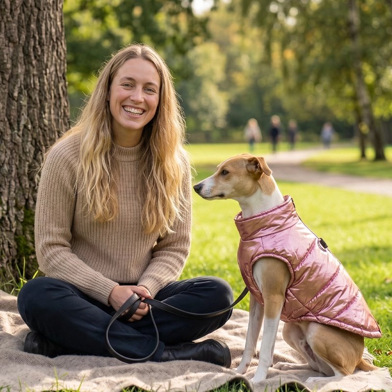 manteau chien couleur rose femme parc promenade