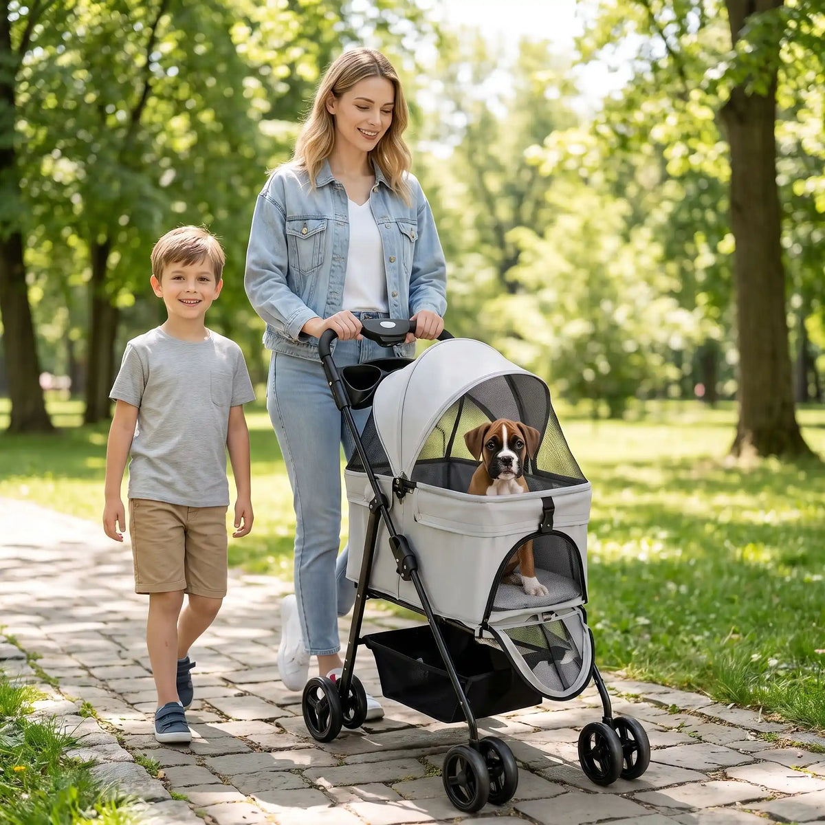 poussette pour chien couleur gris maman enfant promenade famille