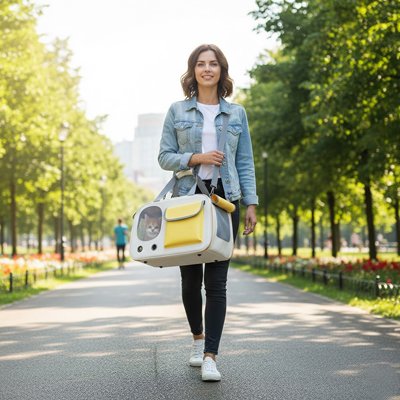 sac de transport pour chien couleur jaune blanc sortie plein air