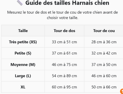 Guide des tailles harnais chien