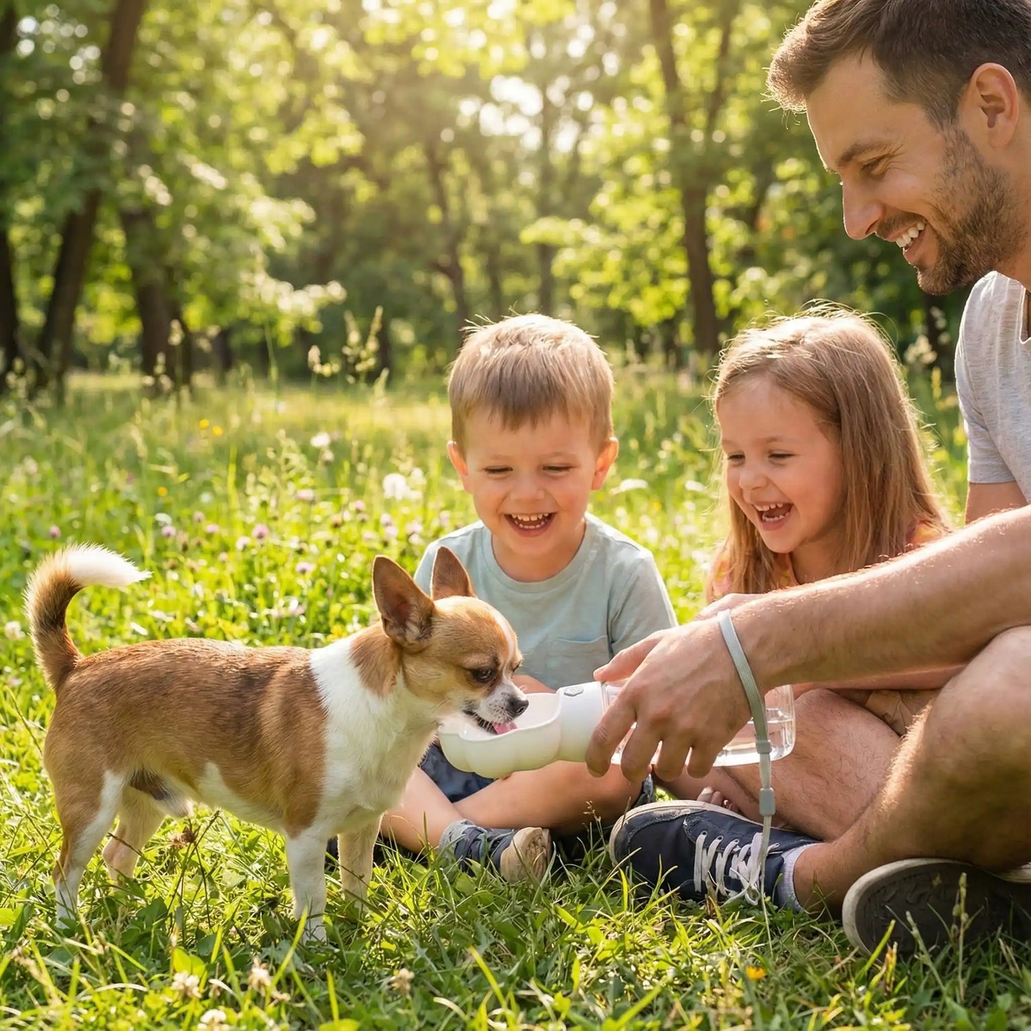 gourde boit chien blanche terrasse forest parc sentier femme enfant