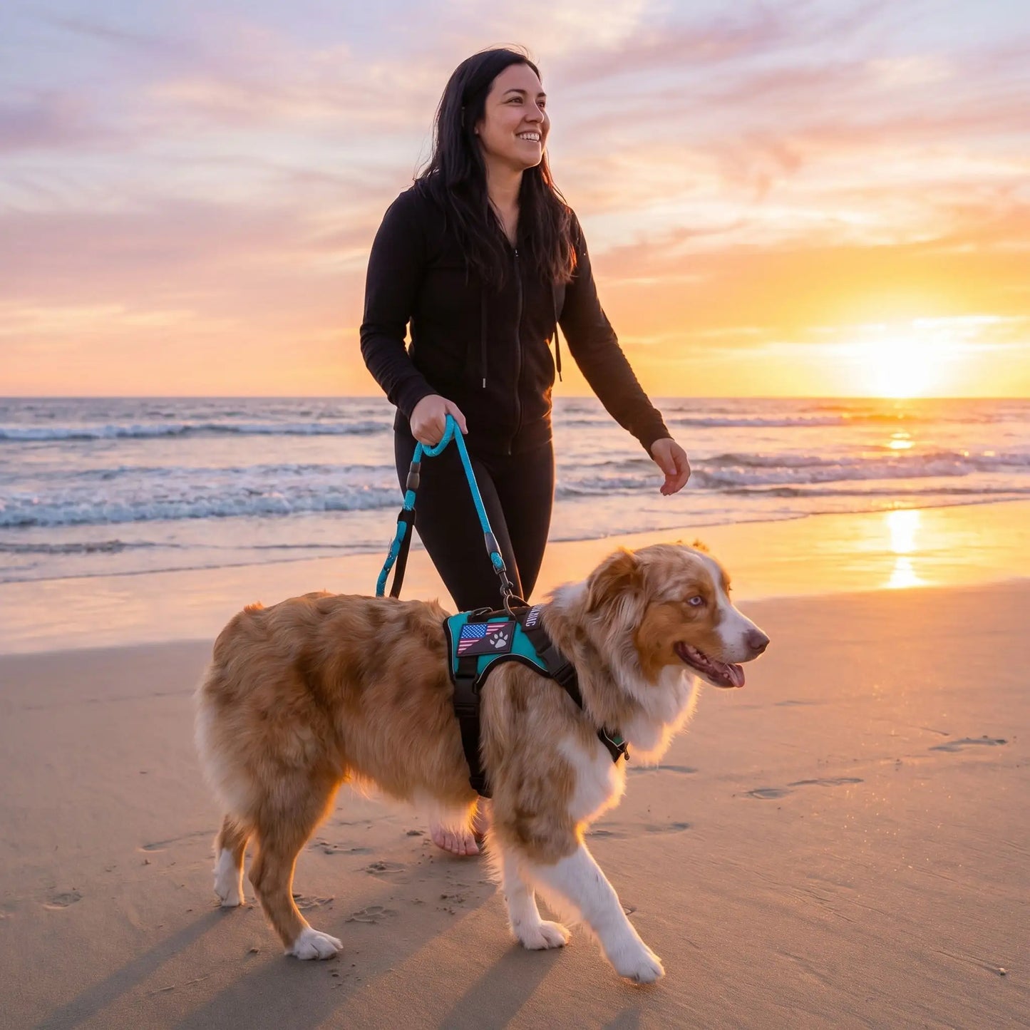 harnais chien couleur bleue ciel femme marche plage coucher soleil