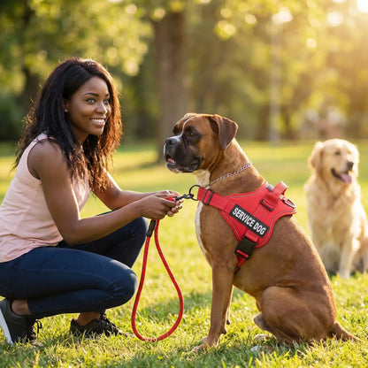 harnais chien couleur rouge sortie promenade femme sur-terrasse