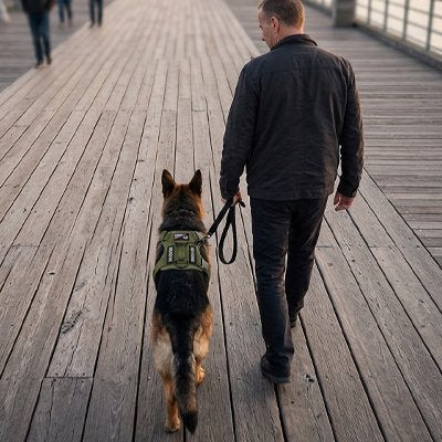 harnais chien couleur vert exterieur marche avec homme