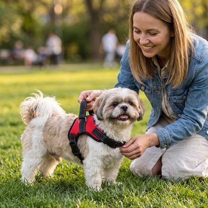 harnais chien rouge parc avec femme sortie 