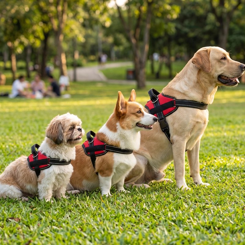 harnais chien rouge trois taille petite moyen large exterieur