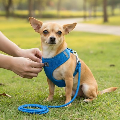 harnais chiot couleur bleue pour promenade sortie sangle résistant 