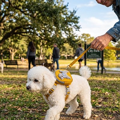 harnais pour chien couleur jaune sortie exterieur marche laisse 