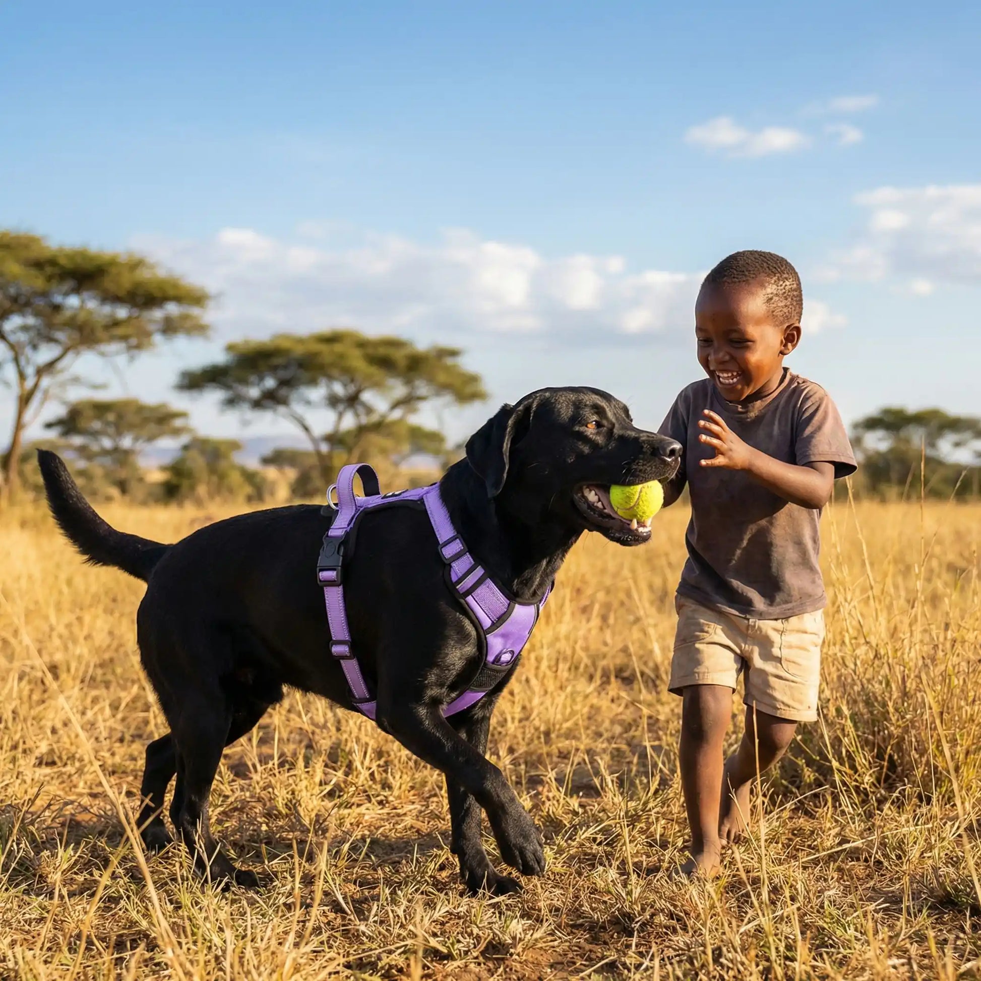 harnais pour petit chien avec enfant qui joue