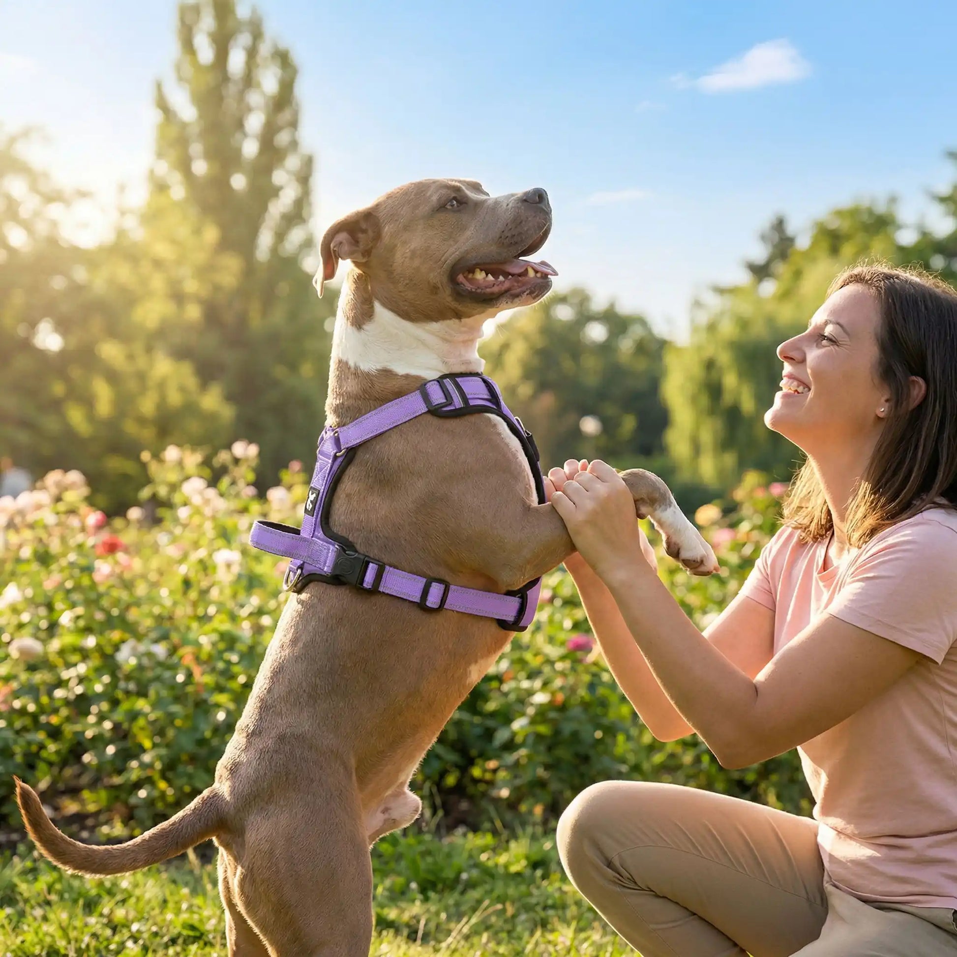 harnais pour petit chien couleur violet sortie exterieur avec femme