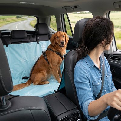 housse voiture chien couleur bleu dans camion route femme