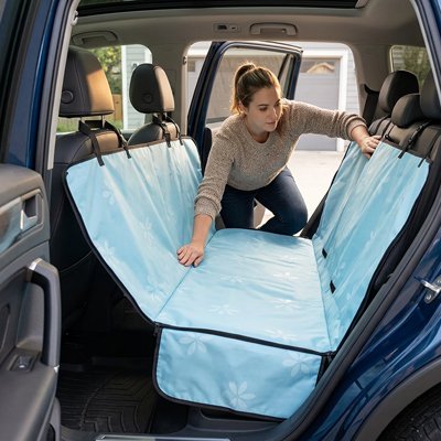 housse voiture chien couleur bleu installation facile avec femme