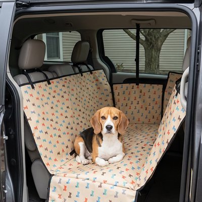 housse voiture chien couleurs beige avec decoration chien