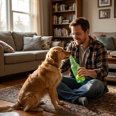 jouet chien assis bouteille couleur vert jeux interieur homme 