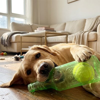 jouet chien bouteille couleur vert interieur maison