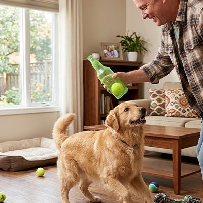 jouet chien bouteille couleur vert jeux interieur avec homme
