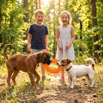 jouet chien couleur orange chiots enfants heureux sentier exterieure