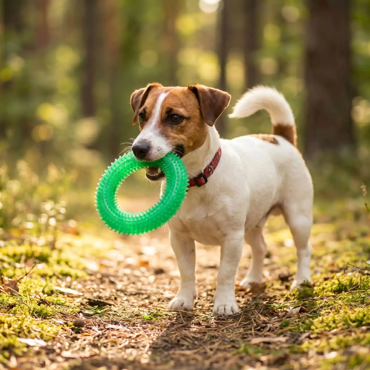 jouet chien couleur vert chiot amusement exterieure sentier foret