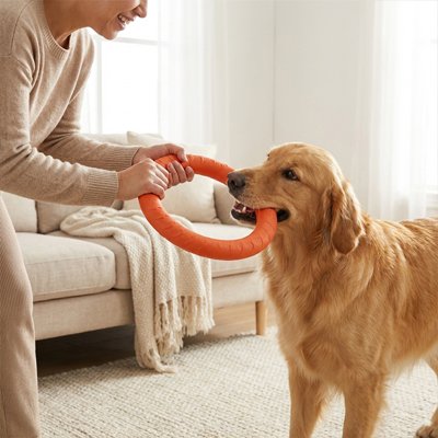 jouet chien orange parc interieur femme 