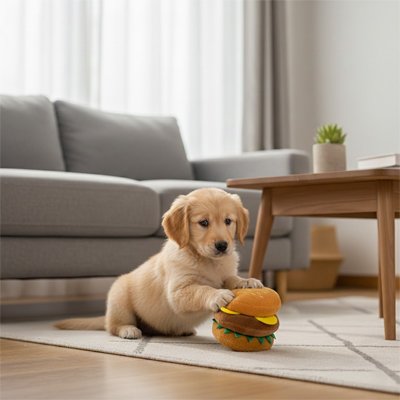 jouet chien peluche grinçant nourriture hamburger macher interieur petit