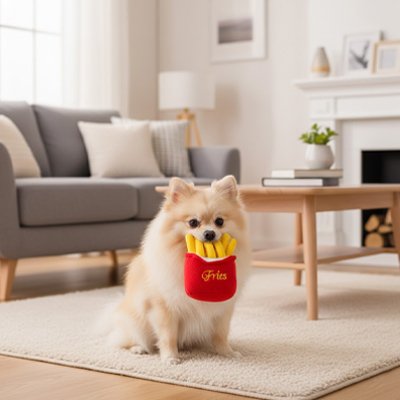 jouet chien petit peluche grinçant frites macher interieur mordiller nourriture