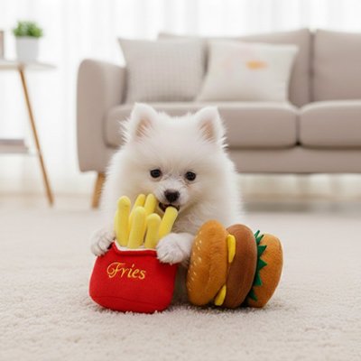 jouet chien petit peluche grinçant nourriture frite hamberger