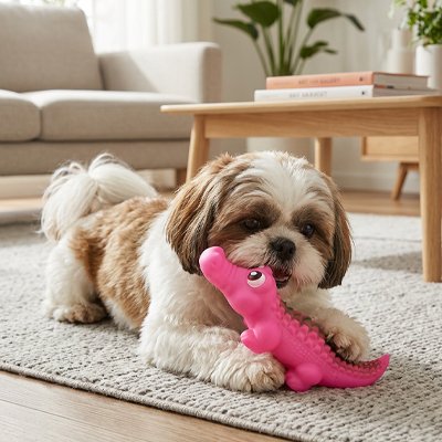 jouet chien taille moyenne couleur rose qui joue intérieur