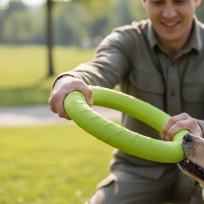 jouet chien vert parc exterieur homme