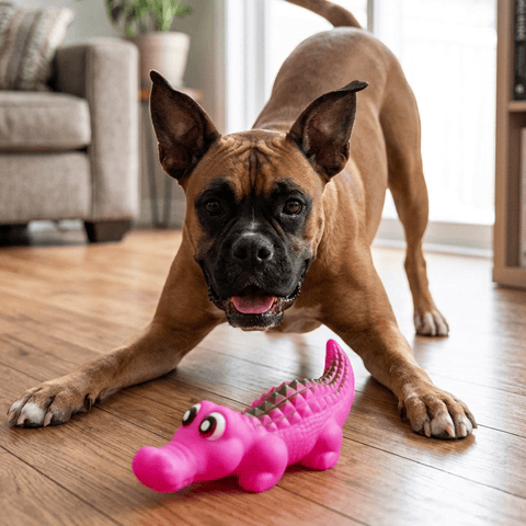 jouet chien vert rose jaune grand chien