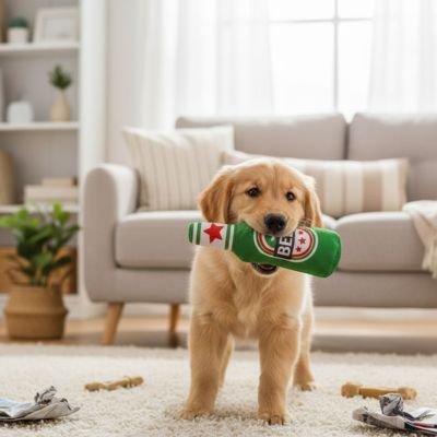 jouet pour chien chiot bouteille biere couleur vert interieur