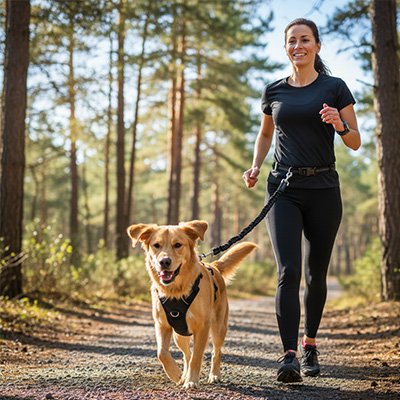 laisse chien canicross femme noir forest arbre marche rendonne