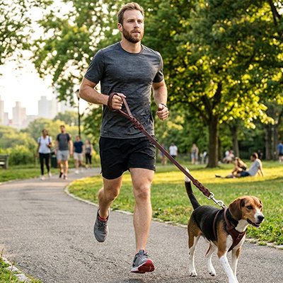 laisse chien courir avec homme dans sentier promenade parc