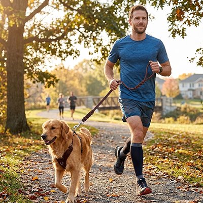 laisse chien courir avec homme dans sentier saison automne  