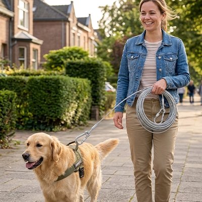 laisse chien marche dehors sur pave avec femme  harnais