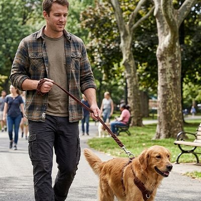 laisse chien marche en public parc exterieur 