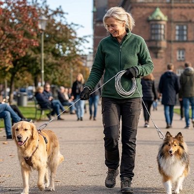 laisse chien promenade exterieur avec femme rue dame double laisse 