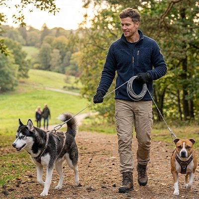 laisse chien sortie dans sentier longe double-avec homme harnais 