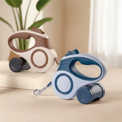 laisse enrouleur chien beige blanc bleue