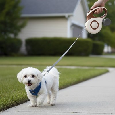laisse enrouleur chien beige brun marche trottoir