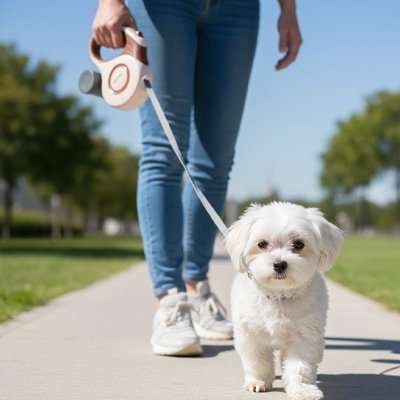 laisse enrouleur chien blanc brun femme piste cyclable