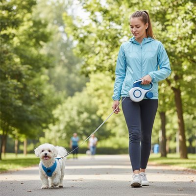 laisse enrouleur chien promenade femme bleue blanc