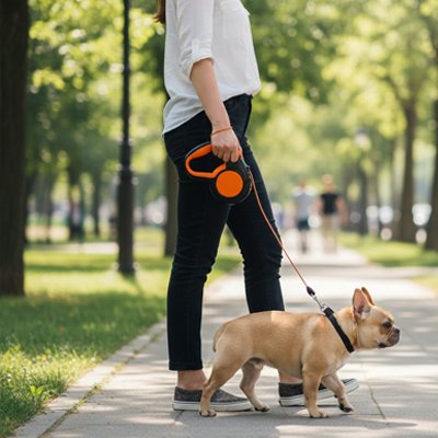 laisse-enrouleur-pour-chien-orange-marche-femme-parc-arbre