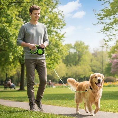 laisse enrouleur pour grand chien vert homme parc marche