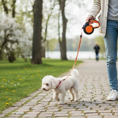 laisse enrouleur pour petit chien orange maitre arbre
