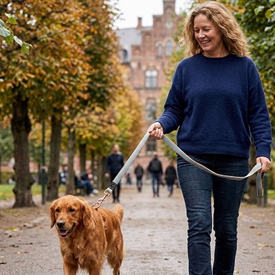 laisse pour chien couleur bleue sortie avec femme parc printemps 