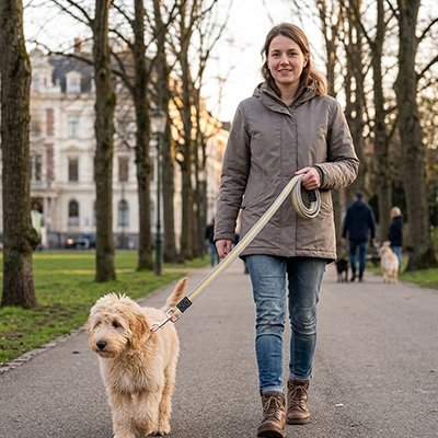 laisse pour chien couleur Jaune marche exterieur avec femme automne  