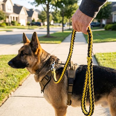 laisse pour chien couleur jaune noir sortie trottoir homme