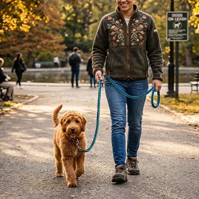 laisse pour chien couleur vert bleue promenade exterieur parc 