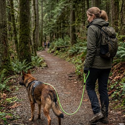 laisse pour chien couleur vert promenade foret femme automne 